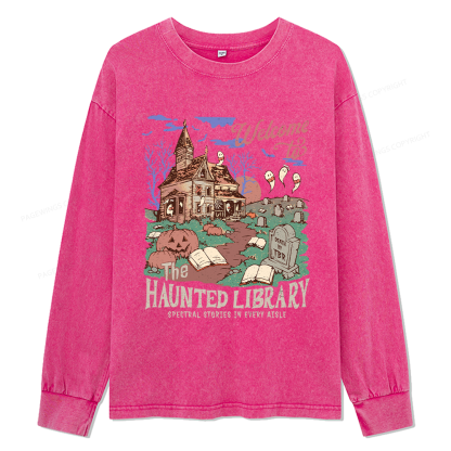 Pagewings Welcome To The Haunted Library Unisex Washed Long Sleeve T-shirt