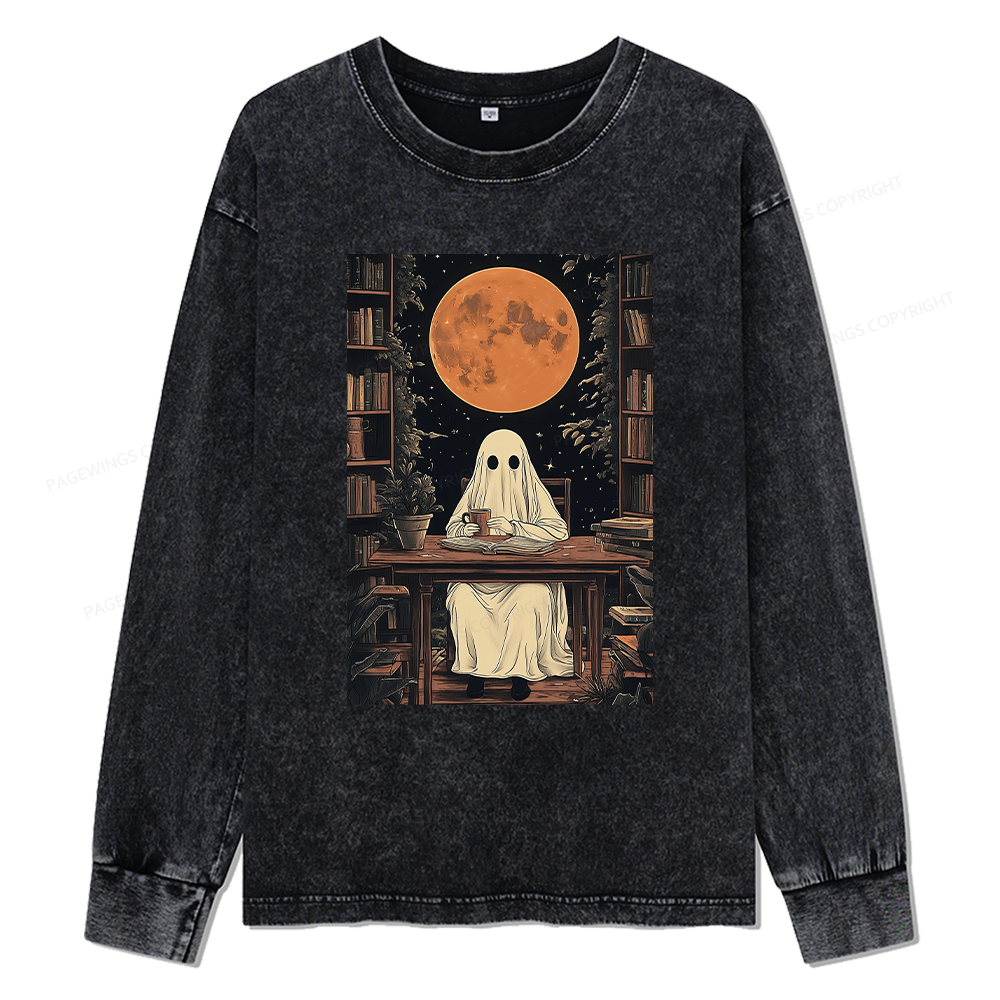 Pagewings Halloween Ghost Books Coffee Unisex Washed Long Sleeve T-shirt