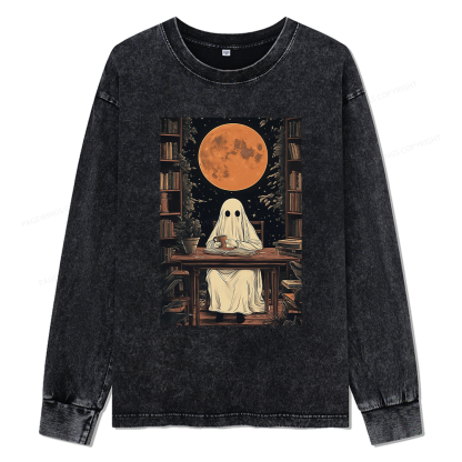 Pagewings Halloween Ghost Books Coffee Unisex Washed Long Sleeve T-shirt