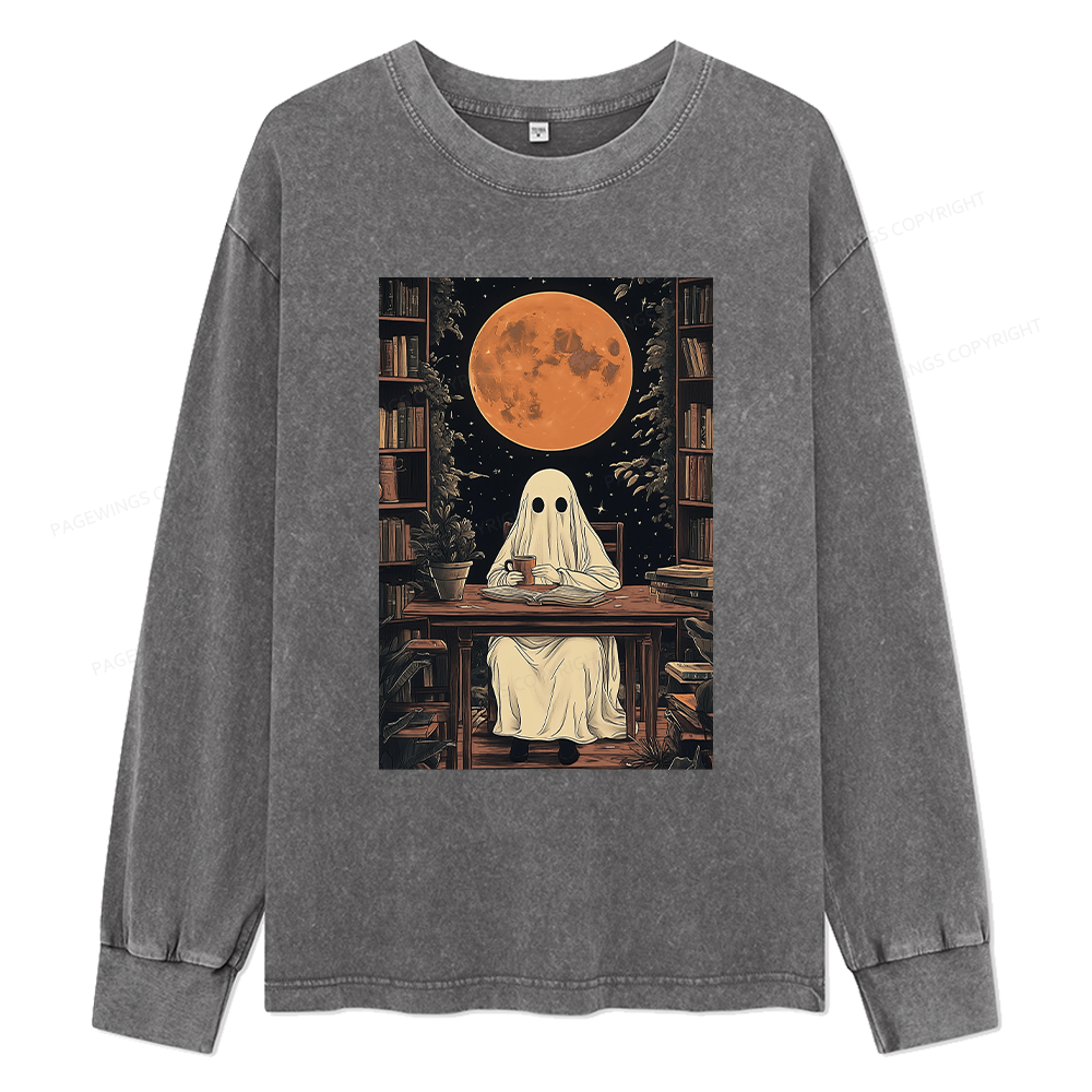 Pagewings Halloween Ghost Books Coffee Unisex Washed Long Sleeve T-shirt