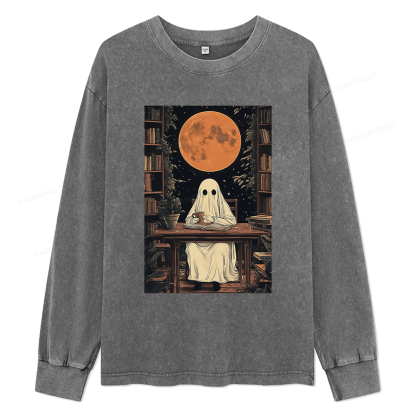 Pagewings Halloween Ghost Books Coffee Unisex Washed Long Sleeve T-shirt