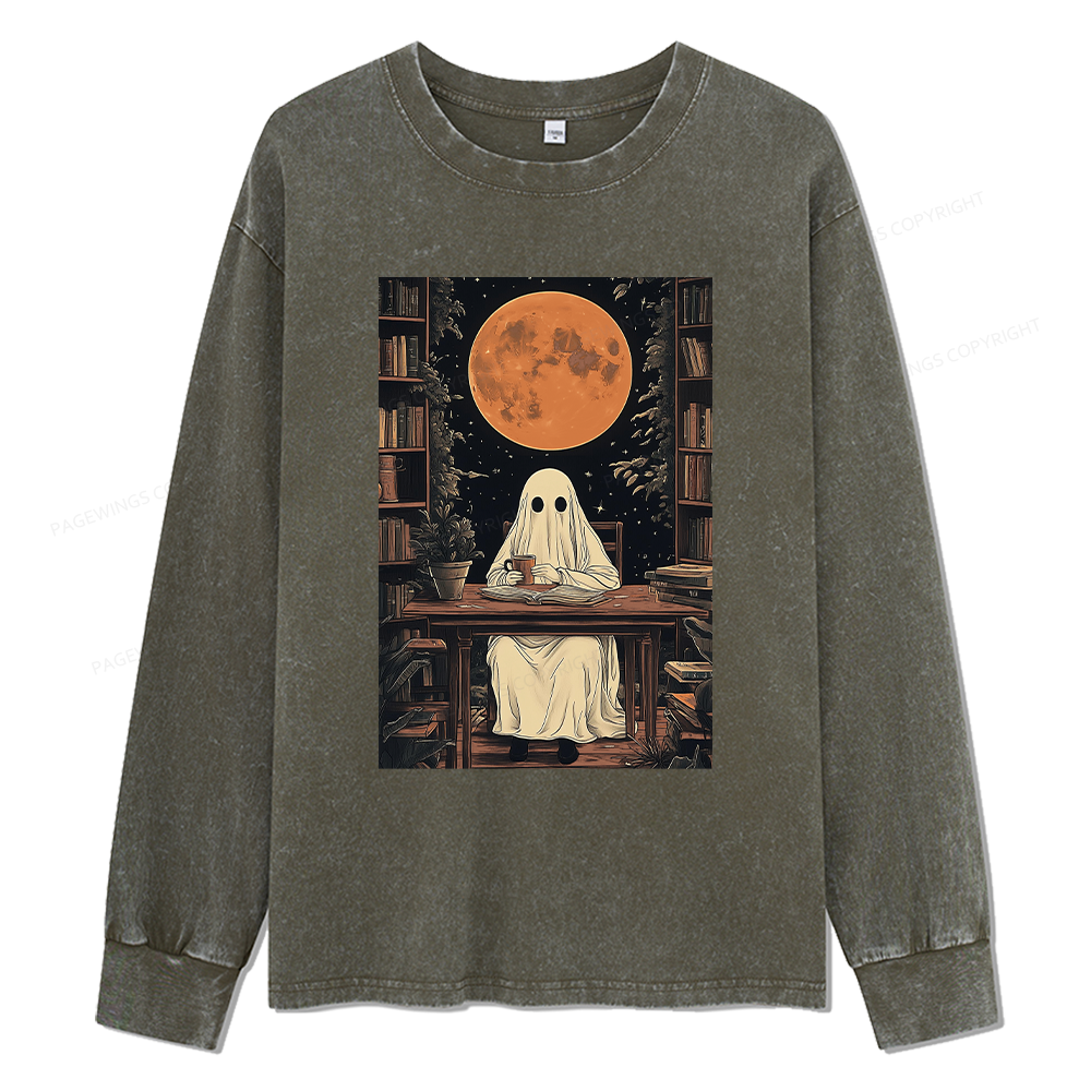 Pagewings Halloween Ghost Books Coffee Unisex Washed Long Sleeve T-shirt