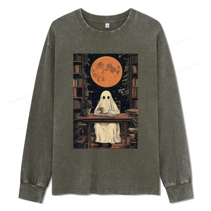 Pagewings Halloween Ghost Books Coffee Unisex Washed Long Sleeve T-shirt
