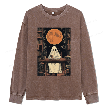 Pagewings Halloween Ghost Books Coffee Unisex Washed Long Sleeve T-shirt