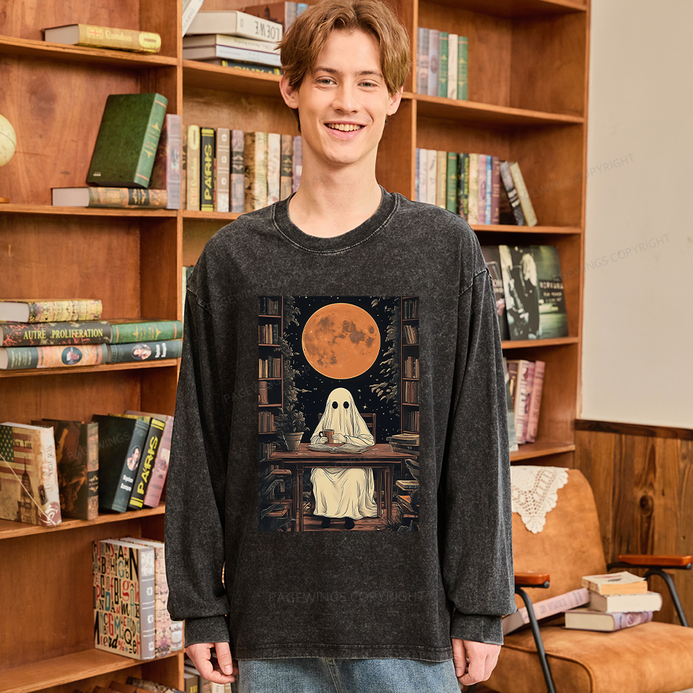 Pagewings Halloween Ghost Books Coffee Unisex Washed Long Sleeve T-shirt