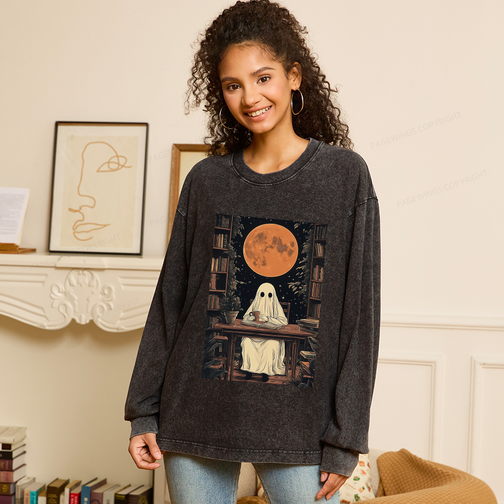 Pagewings Halloween Ghost Books Coffee Unisex Washed Long Sleeve T-shirt