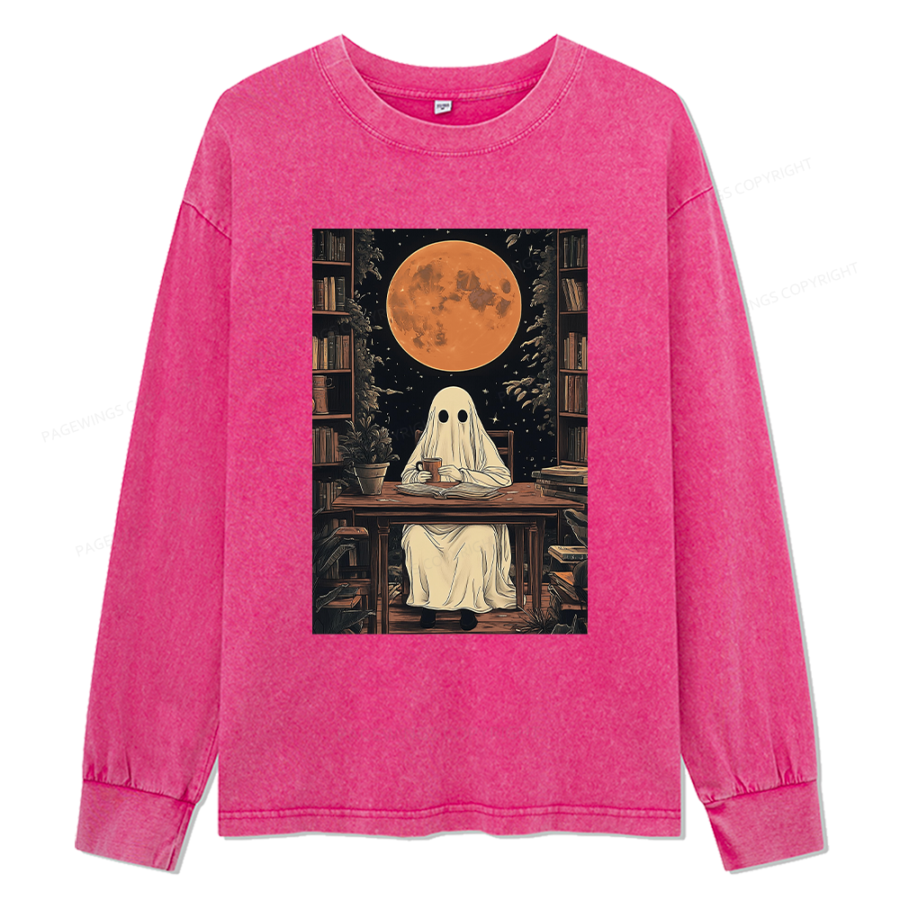 Pagewings Halloween Ghost Books Coffee Unisex Washed Long Sleeve T-shirt