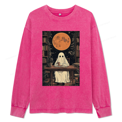 Pagewings Halloween Ghost Books Coffee Unisex Washed Long Sleeve T-shirt