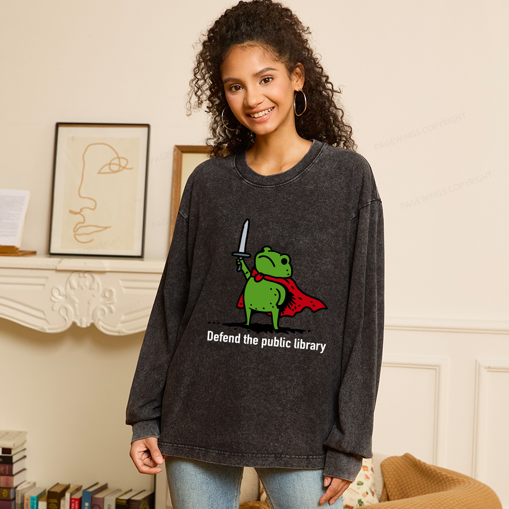 Pagewings Defend The Public Library Unisex Washed Long Sleeve T-shirt