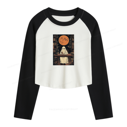 Pagewings Halloween Ghost Books Coffee Women Long Sleeve Crop Raglan T-shirt