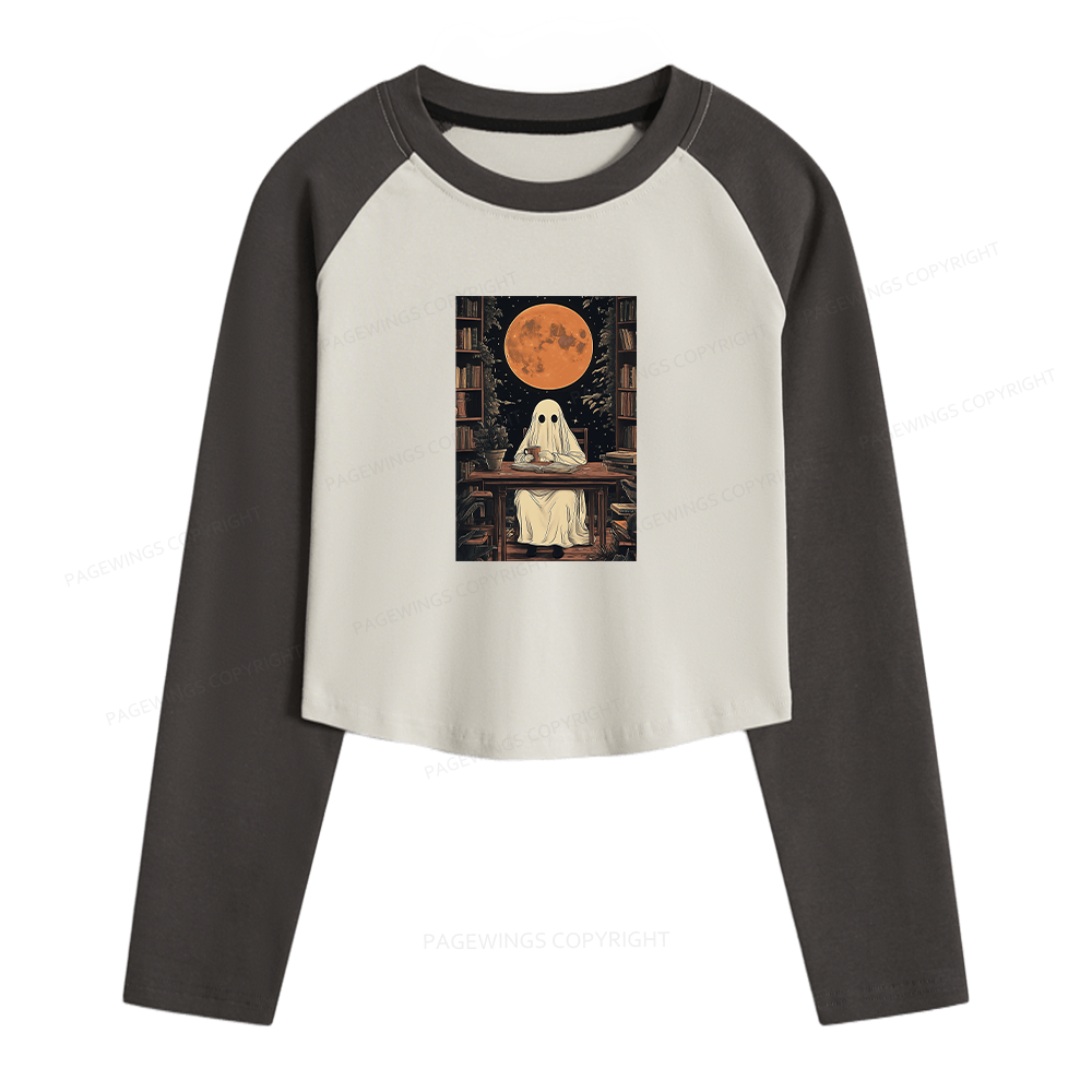 Pagewings Halloween Ghost Books Coffee Women Long Sleeve Crop Raglan T-shirt