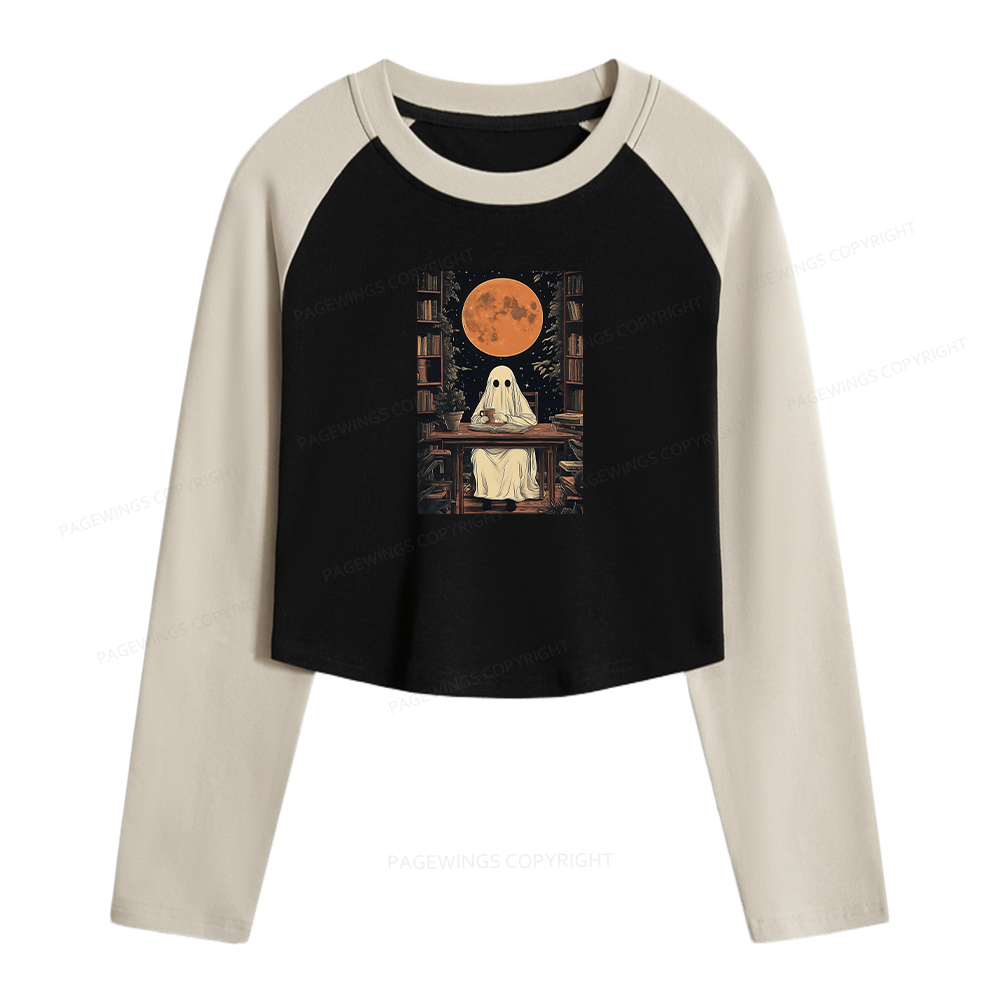 Pagewings Halloween Ghost Books Coffee Women Long Sleeve Crop Raglan T-shirt