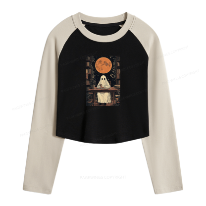 Pagewings Halloween Ghost Books Coffee Women Long Sleeve Crop Raglan T-shirt
