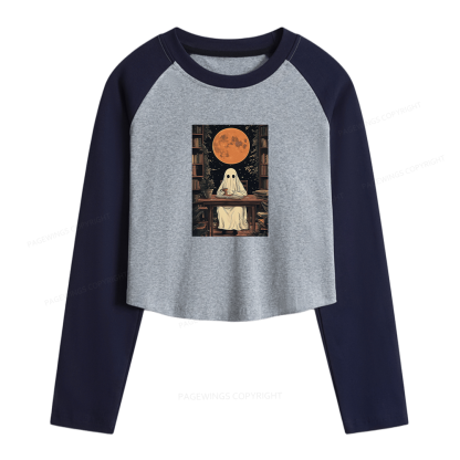 Pagewings Halloween Ghost Books Coffee Women Long Sleeve Crop Raglan T-shirt