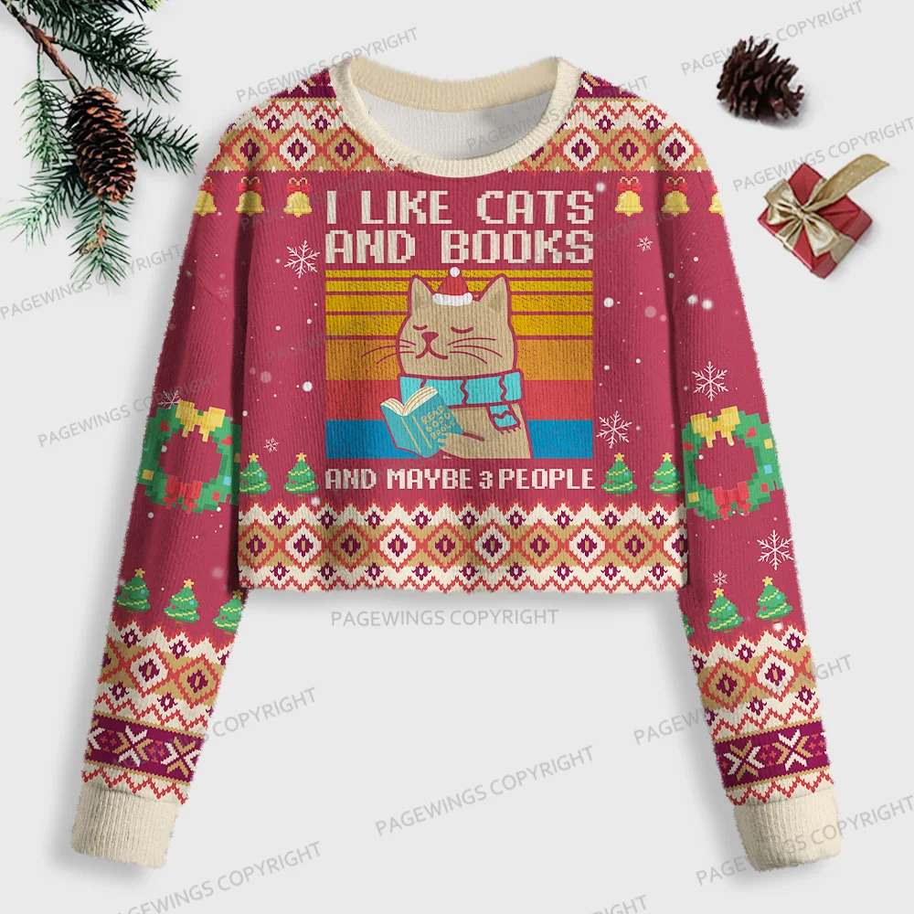 Pagewings I Like Cats And Books And Maybe 3 People Women Ugly Crop Sweatshirt