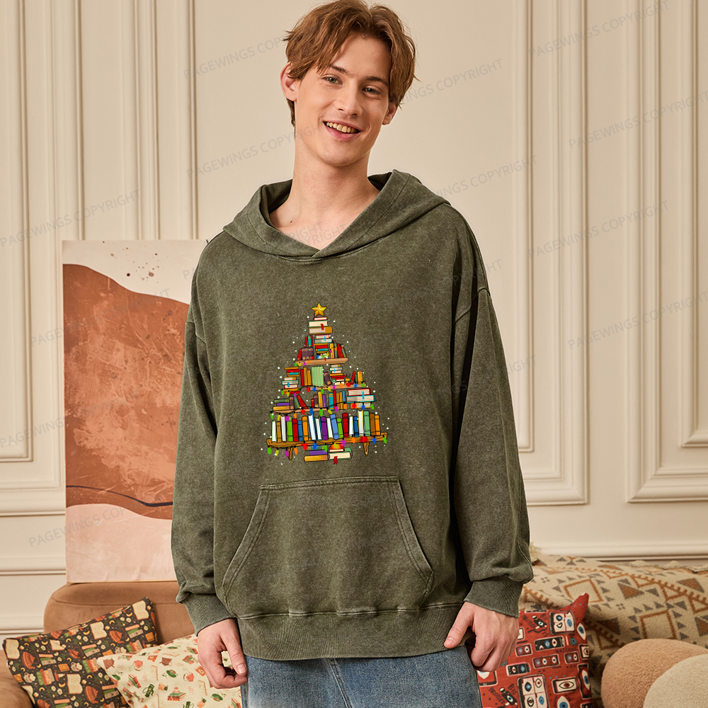 Pagewings Christmas Books Tree Unisex Washed Hoodie