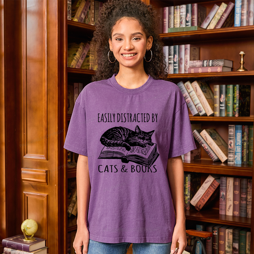 Pagewings Easily Distracted By Cats & Books Unisex Washed T-shirt