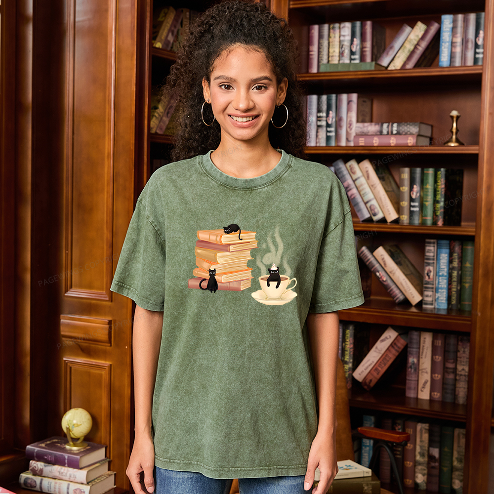 Pagewings Coffee Cats and Books Unisex Washed T-shirt