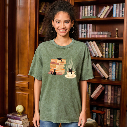 Pagewings Coffee Cats and Books Unisex Washed T-shirt