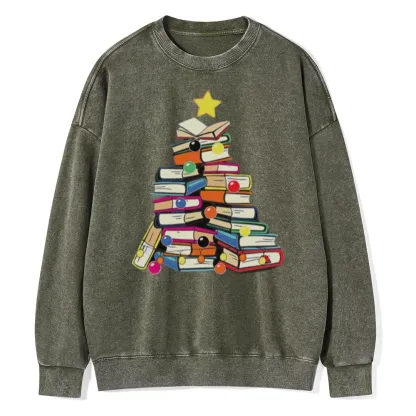 Pagewings Christmas Tree Bookworm Unisex Washed Sweatshirt
