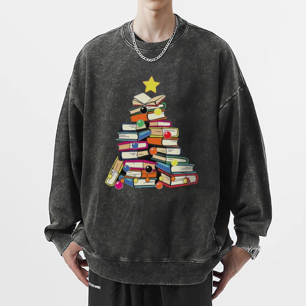 Pagewings Christmas Tree Bookworm Unisex Washed Sweatshirt