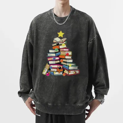 Pagewings Christmas Tree Bookworm Unisex Washed Sweatshirt