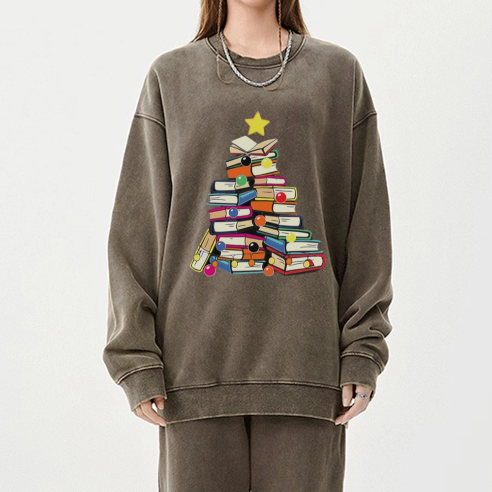 Pagewings Christmas Tree Bookworm Unisex Washed Sweatshirt
