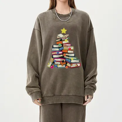 Pagewings Christmas Tree Bookworm Unisex Washed Sweatshirt
