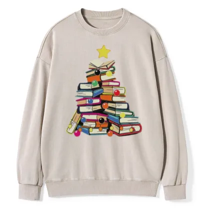 Pagewings Christmas Tree Bookworm Unisex Washed Sweatshirt