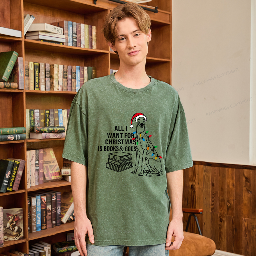 Pagewings All I Want For Christmas Is Books and Dogs Unisex Washed T-shirt