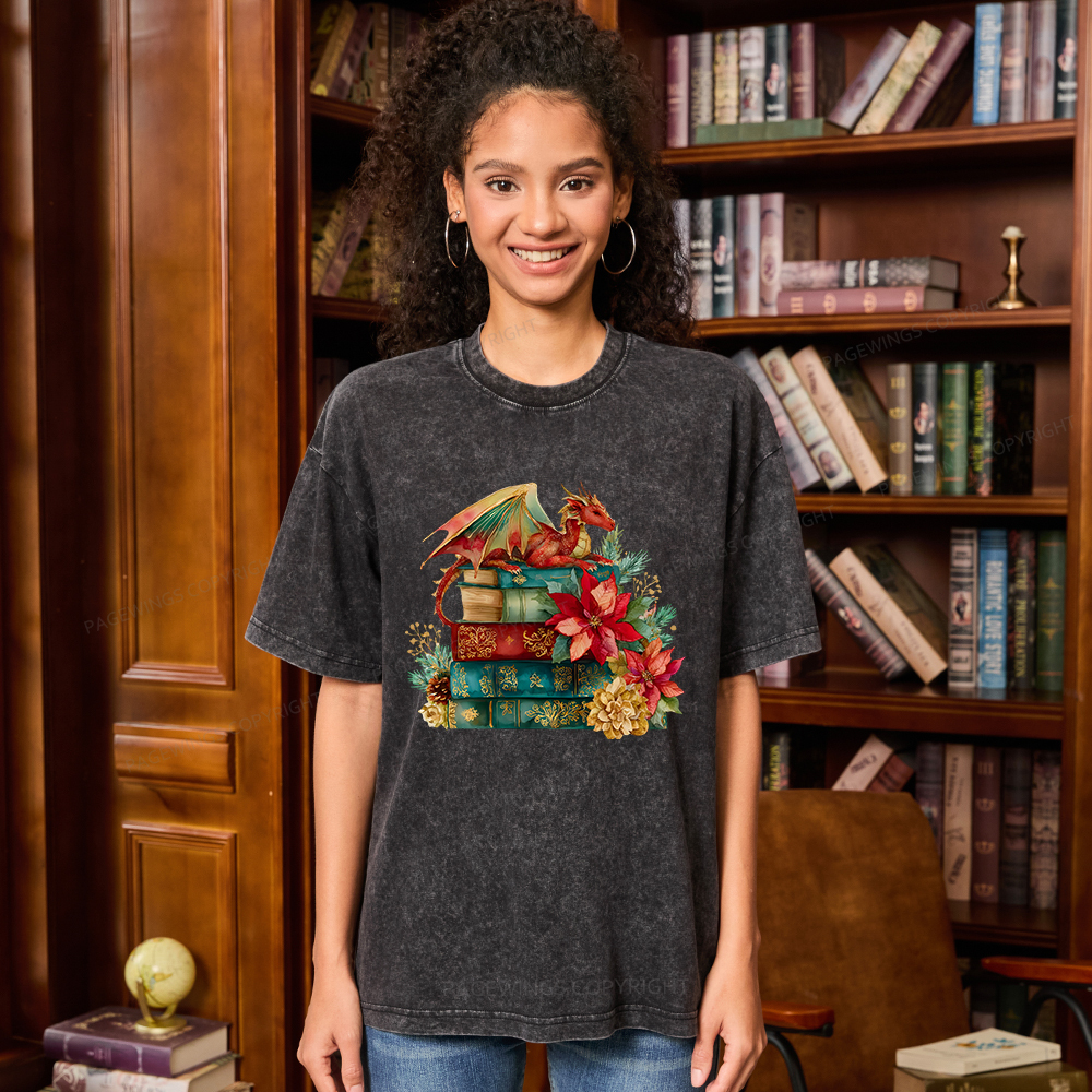 Pagewings Christmas Book Dragon Unisex Washed T-shirt