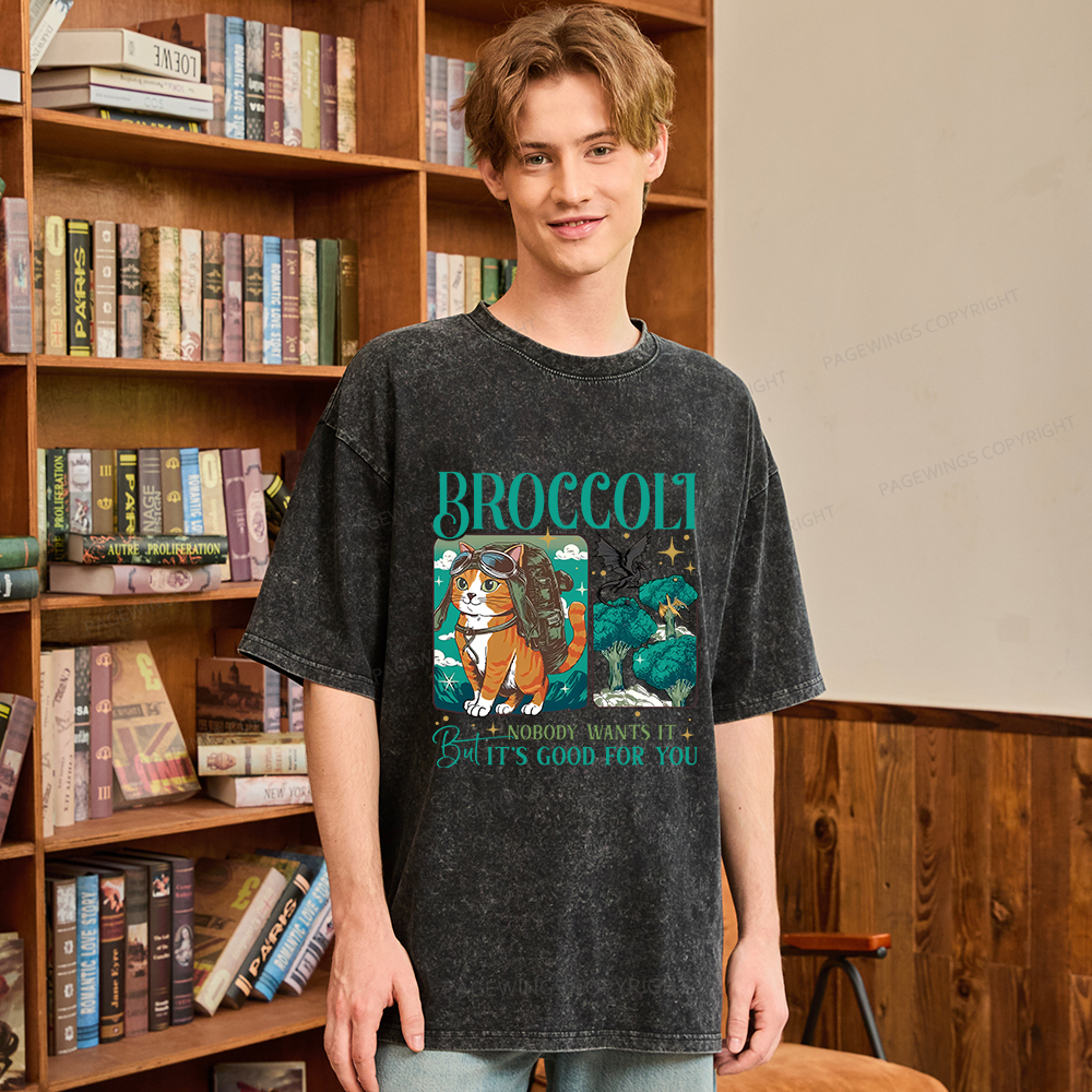 Pagewings Onyx Storm Broccoli Cat Unisex Washed T-shirt