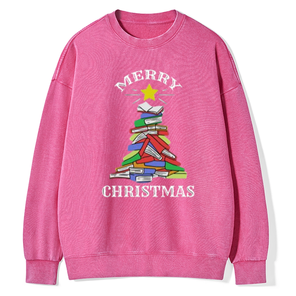 Pagewings Merry Christmas Book Tree Unisex Washed Sweatshirt