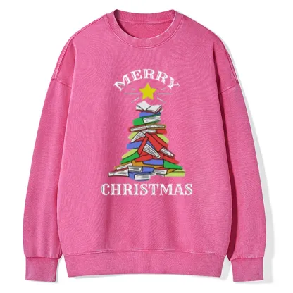 Pagewings Merry Christmas Book Tree Unisex Washed Sweatshirt