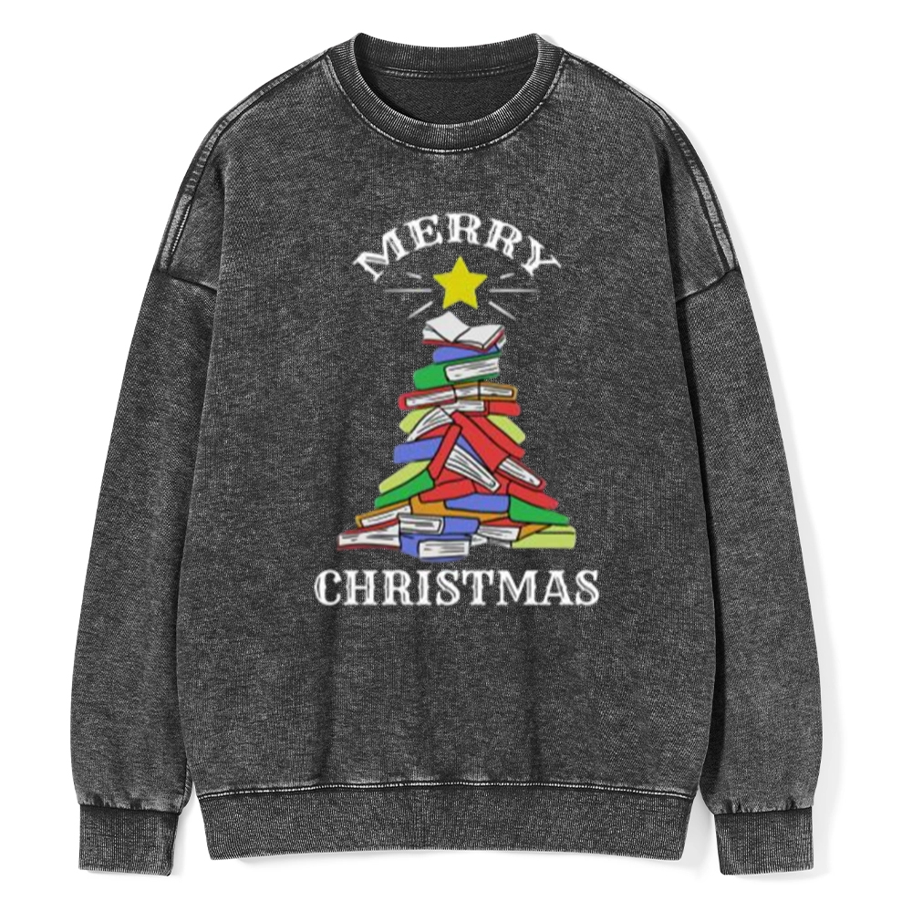 Pagewings Merry Christmas Book Tree Unisex Washed Sweatshirt