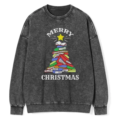 Pagewings Merry Christmas Book Tree Unisex Washed Sweatshirt