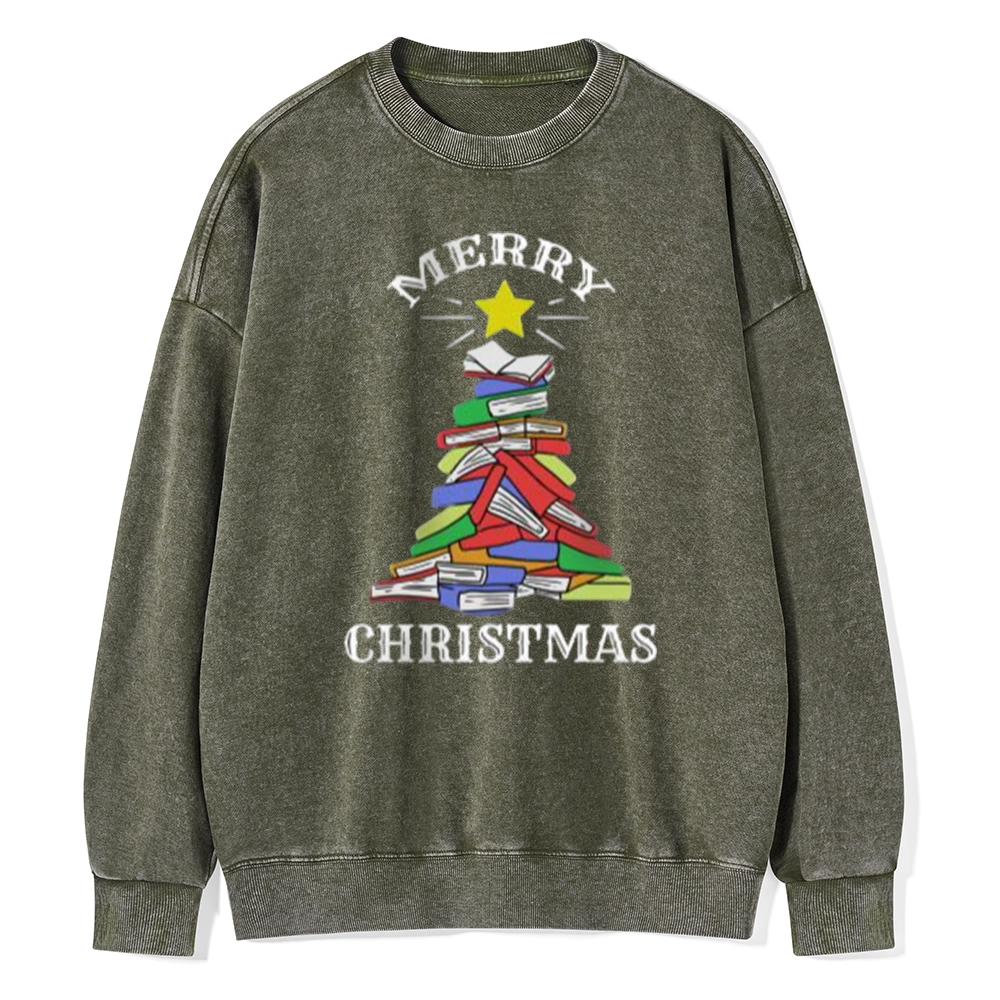 Pagewings Merry Christmas Book Tree Unisex Washed Sweatshirt
