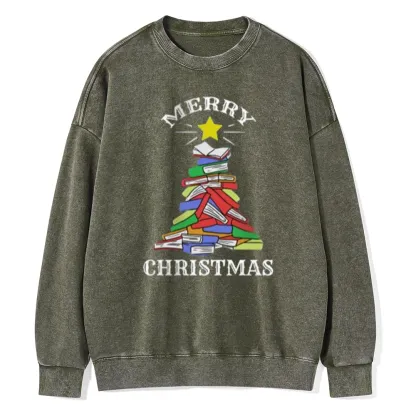 Pagewings Merry Christmas Book Tree Unisex Washed Sweatshirt