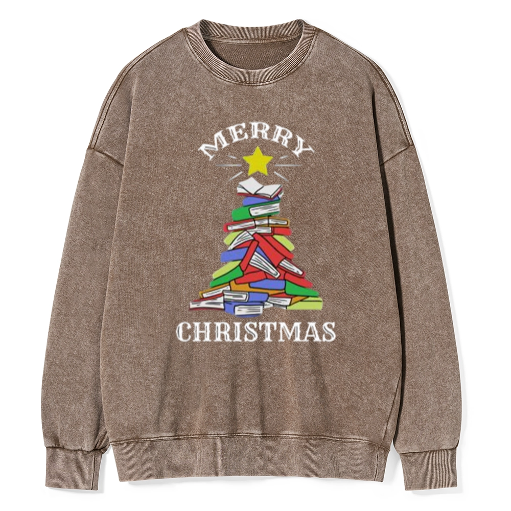Pagewings Merry Christmas Book Tree Unisex Washed Sweatshirt