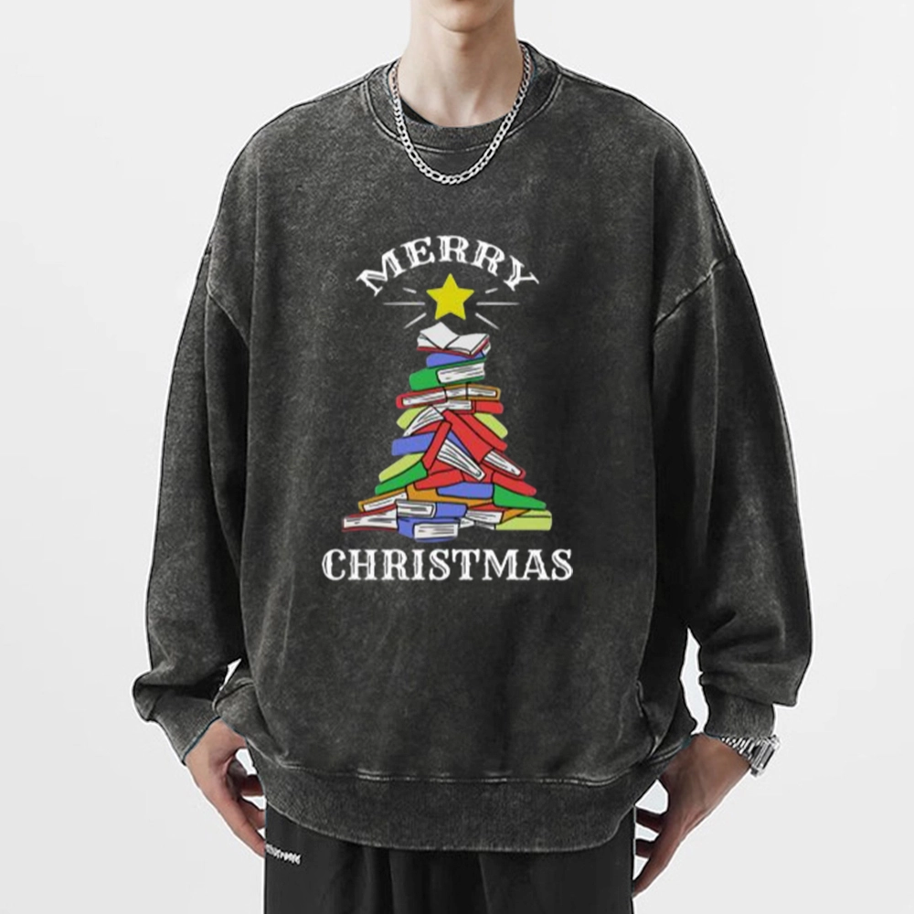 Pagewings Merry Christmas Book Tree Unisex Washed Sweatshirt