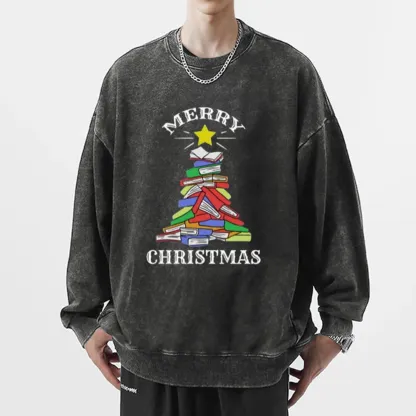 Pagewings Merry Christmas Book Tree Unisex Washed Sweatshirt