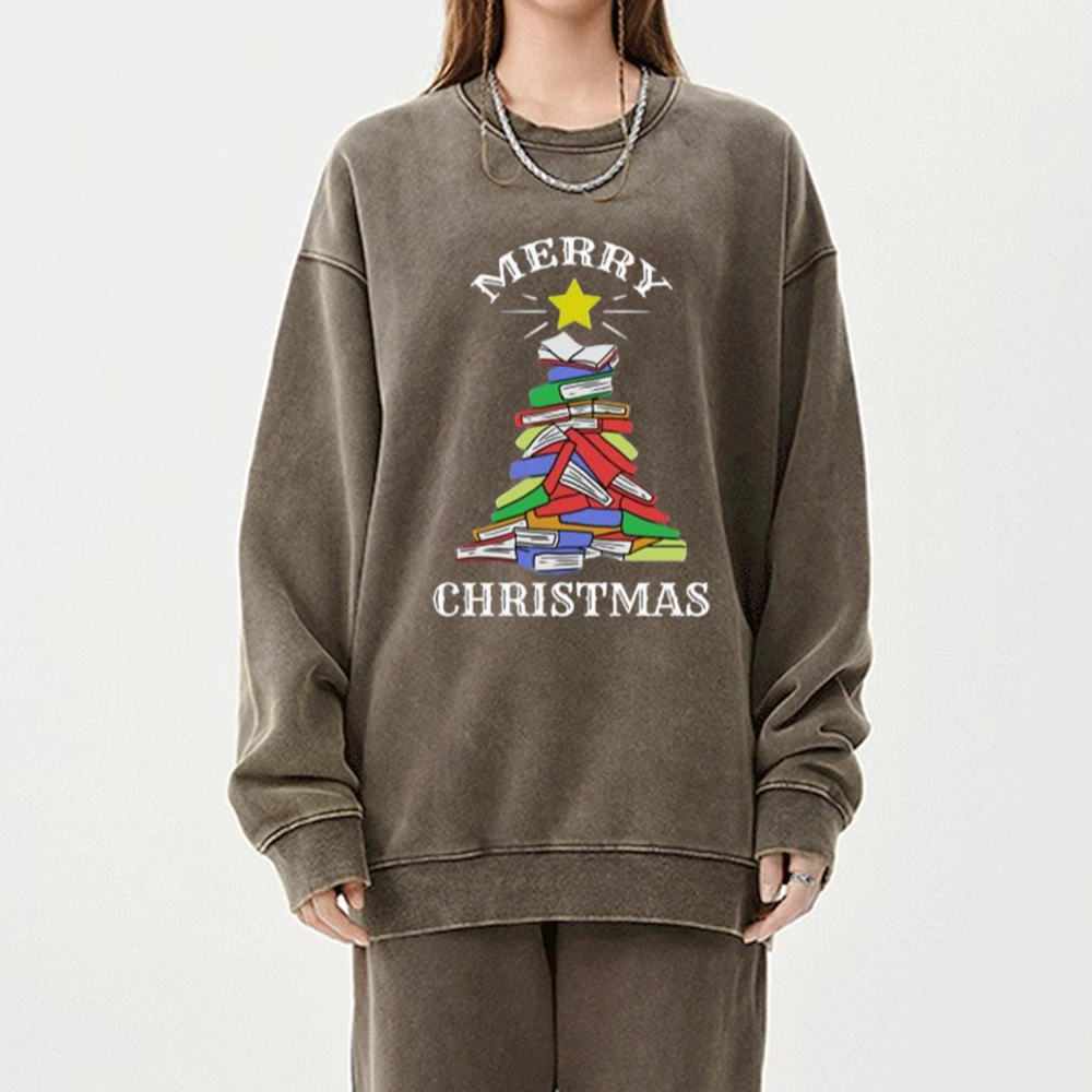 Pagewings Merry Christmas Book Tree Unisex Washed Sweatshirt