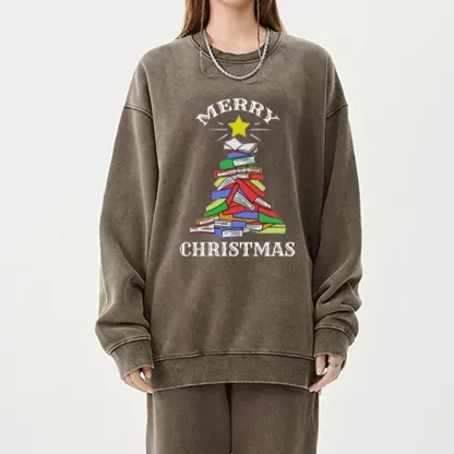 Pagewings Merry Christmas Book Tree Unisex Washed Sweatshirt