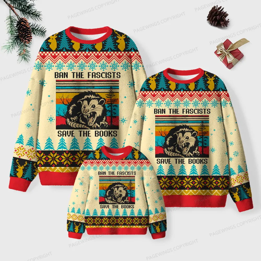 Pagewings Ban The Fascists Save The Books Unisex Ugly Knit Sweatshirt