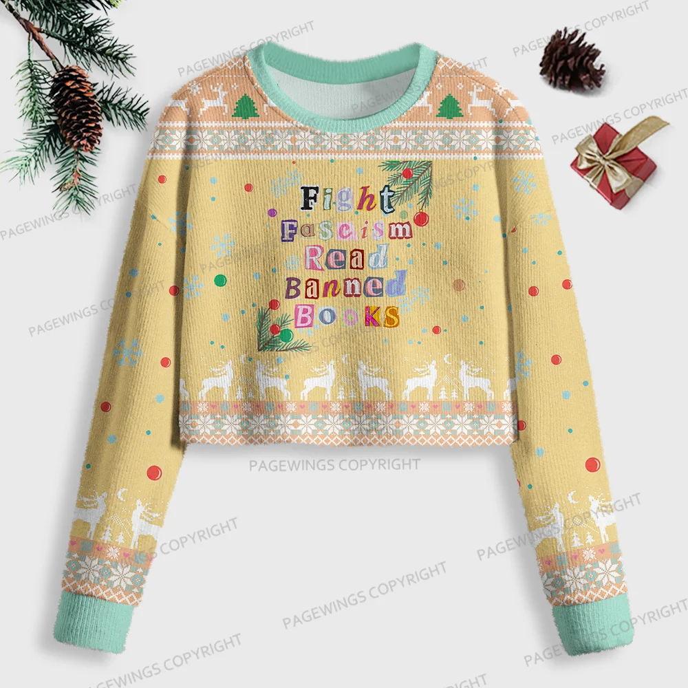 Pagewings Fight Fascism Read Banned Books Women Ugly Crop Sweatshirt