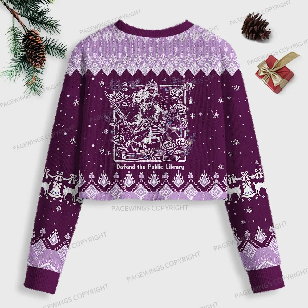 Pagewings Defend The Public Library Women Ugly Crop Sweatshirt