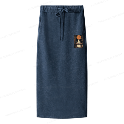 Pagewings Halloween Ghost Books Coffee Women Washed Long Skirts