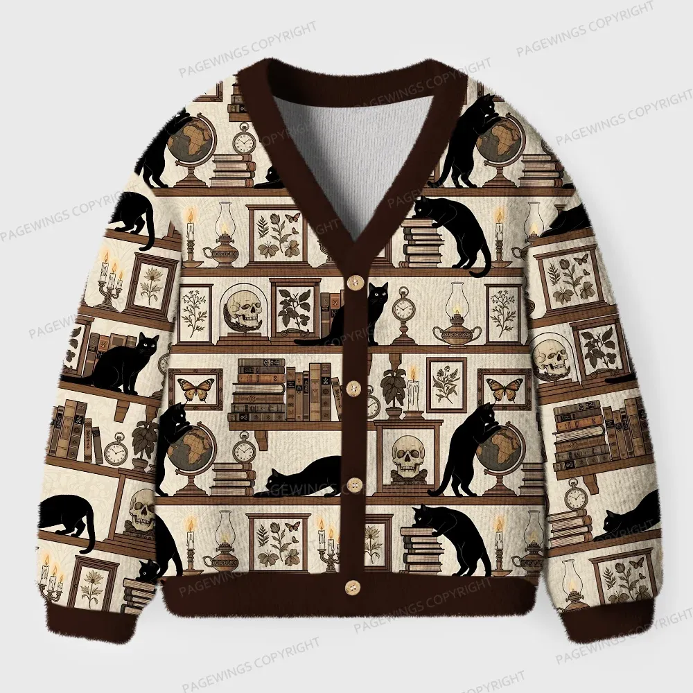 Pagewings Cats And Books Cardigan Unisex Ugly Cardigan Sweaters