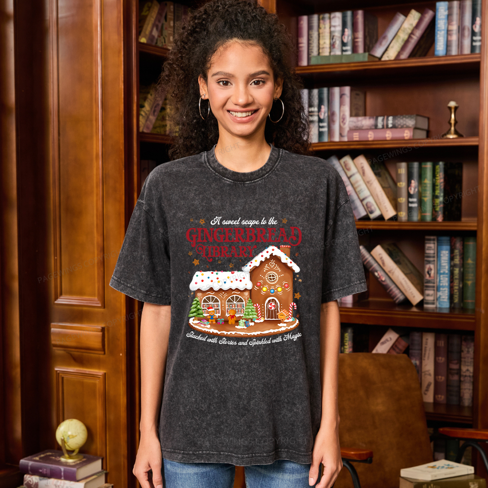 Pagewings Gingerbread Library Christmas Unisex Washed T-shirt