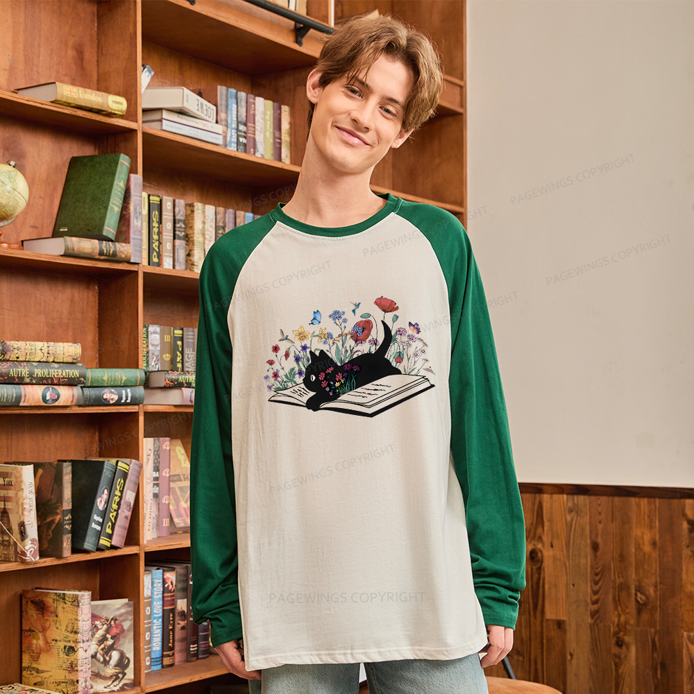 Pagewings Cute Book Cat Long Sleeve Raglan T-shirt